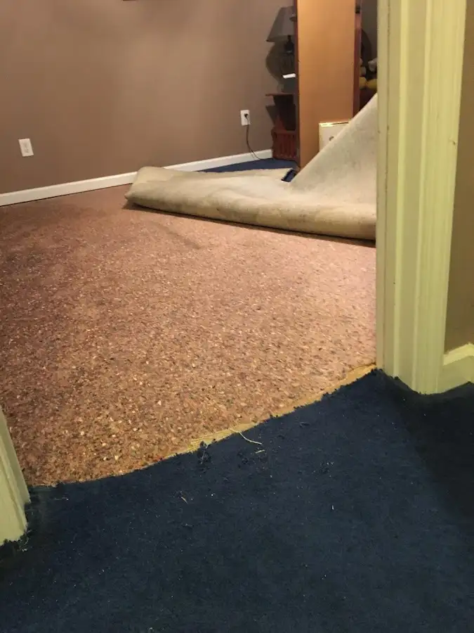 Carpet pad removal revealing water damage during Water Mitigation Services in Kimberly